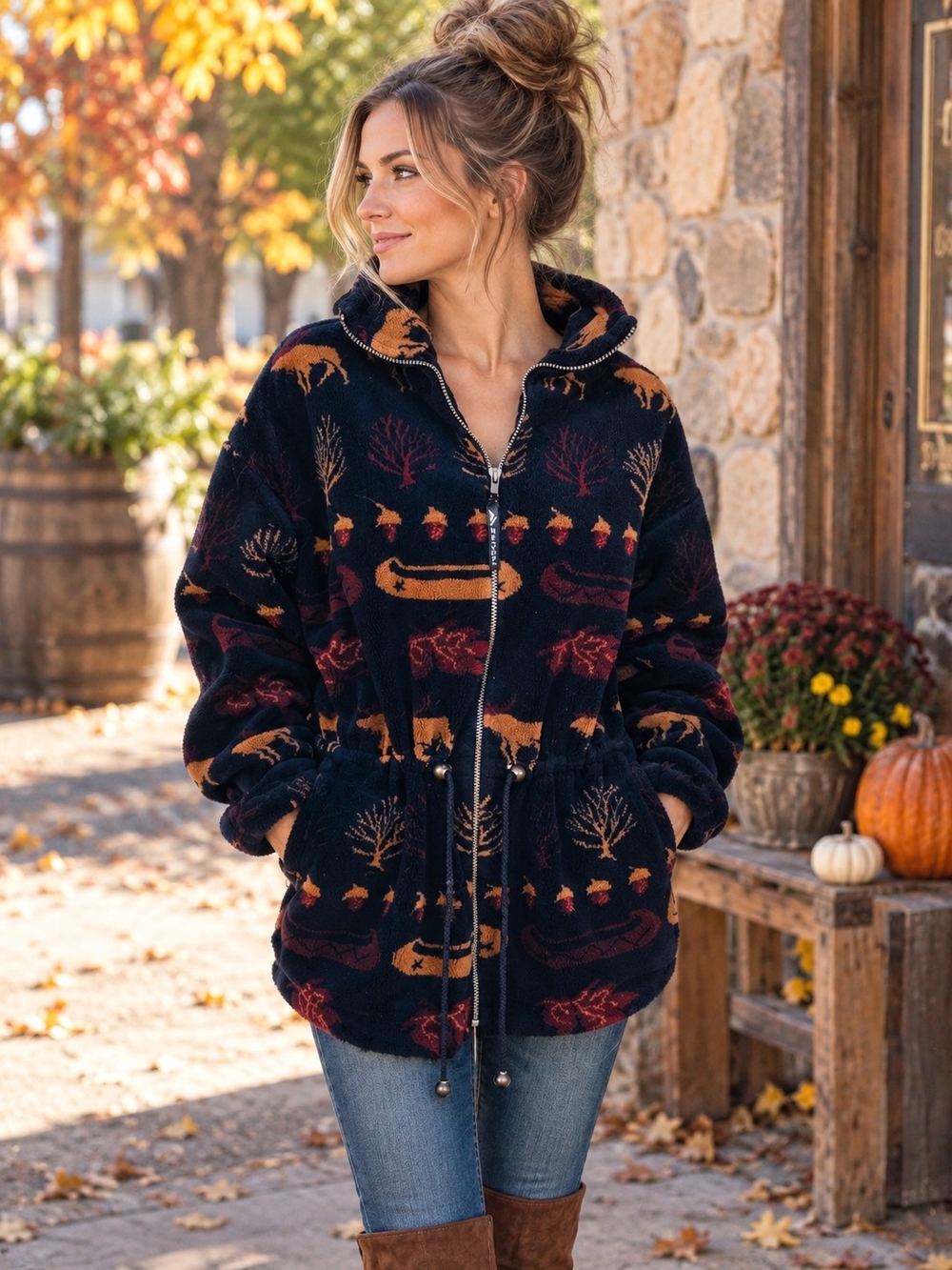 Vintage Denali Sherpa Fleece Jacket Medium USA Woodland Cabin Full Zip Coat